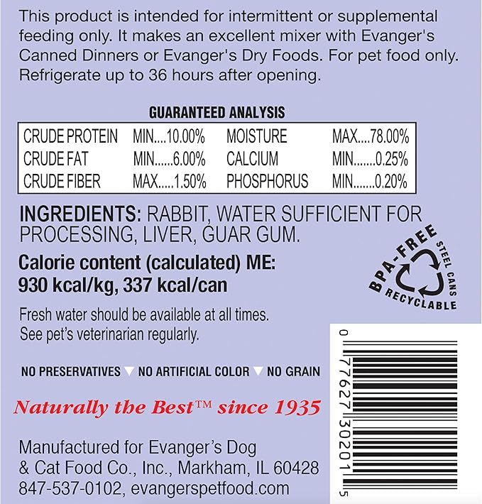 EVANGER'S COMPLEMENTS GRAIN FREE RABBIT CANNED DOG & CATS