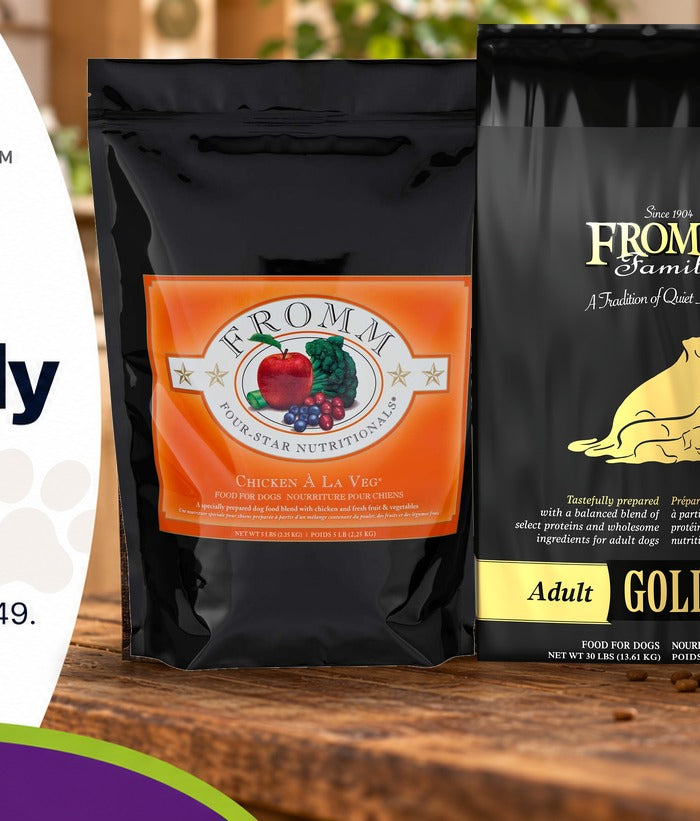 The full Fromm family in stock at PetBowlz: Gold, Four-Star, Classic, cans and treats