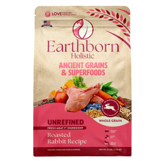 Earthborn Holistic Unrefined Roasted Rabbit dry dog food, 25 lb bag